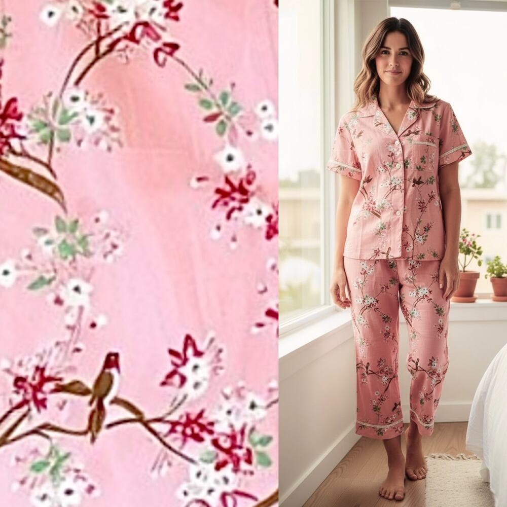 NWT Bedhead 100% Cotton Cropped Pant, Short Sleeve, Birds, Florals Pink Small